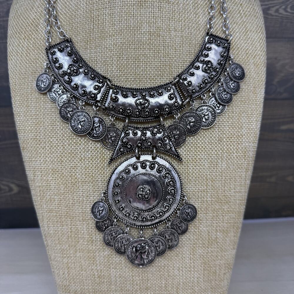 Vintage Boho Tribal Style Coin Medallion Silver Tone Statement Bib Necklace